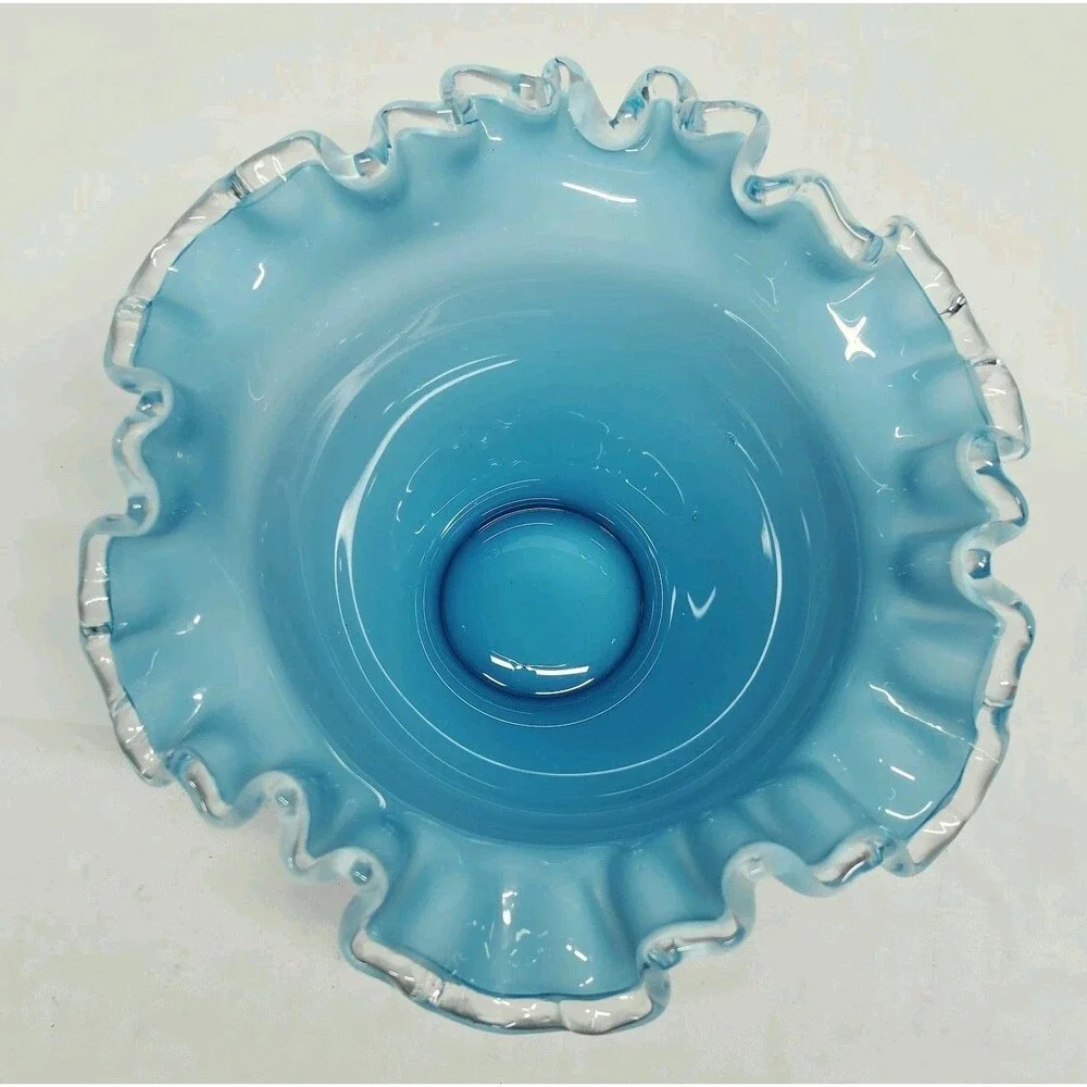 Fenton Teal White Bowl Silver Jamestown Blue Glass Vintage Ruffle Edge MCM